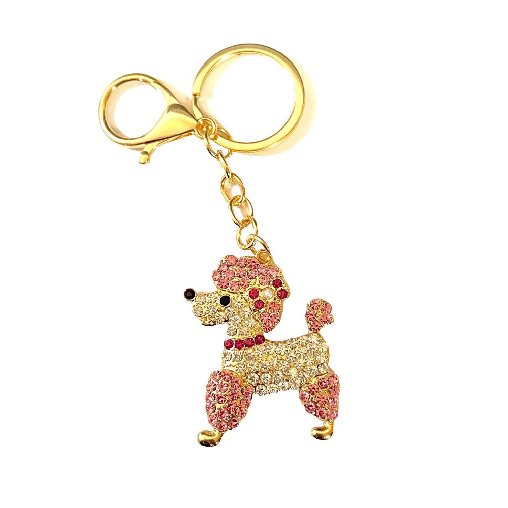 Poodle Rhinestone Charm Keychain Key Holder Pink White Gold Tone Metal New